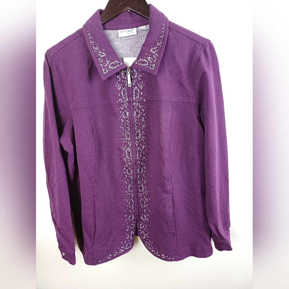NWT Quacker Factory Dream Jeannes Denim Jacket Rhinestone Purple Large A236000